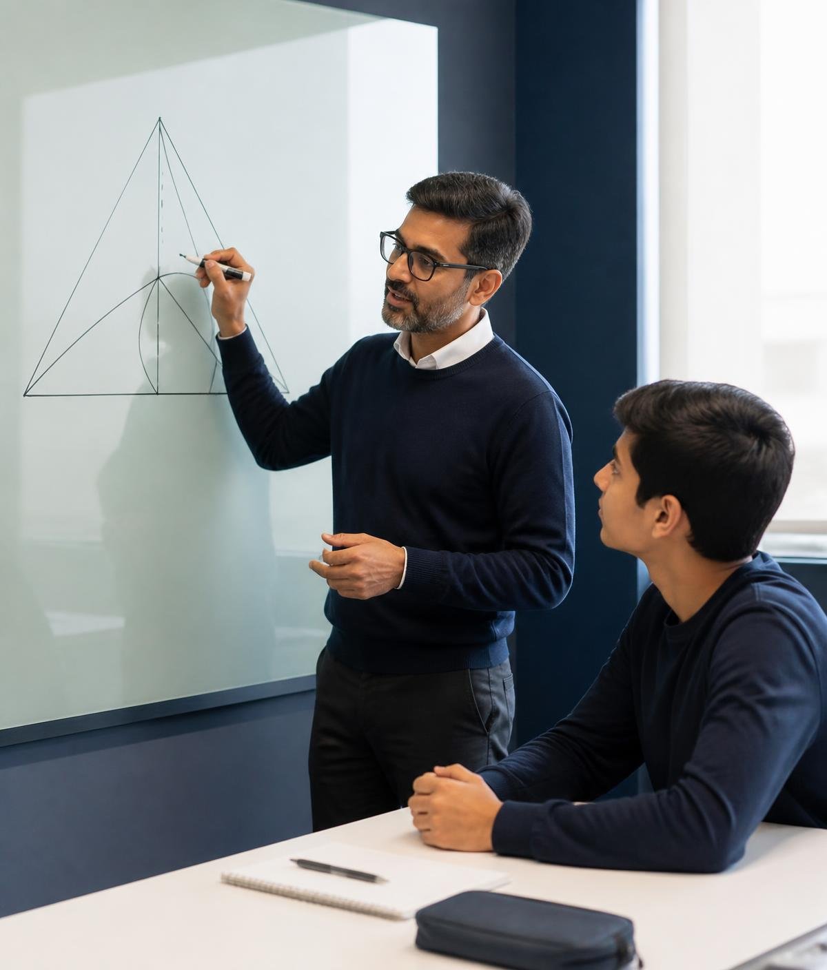 A Tuition Lijiye mentor explaining a geometry concept to a student on a glass board